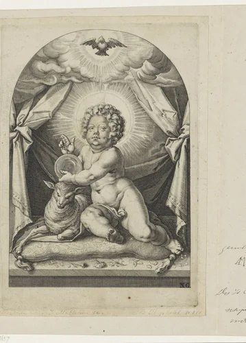 Christuskind met lam zittend op een kussen by anonymous, print, 1580-1620