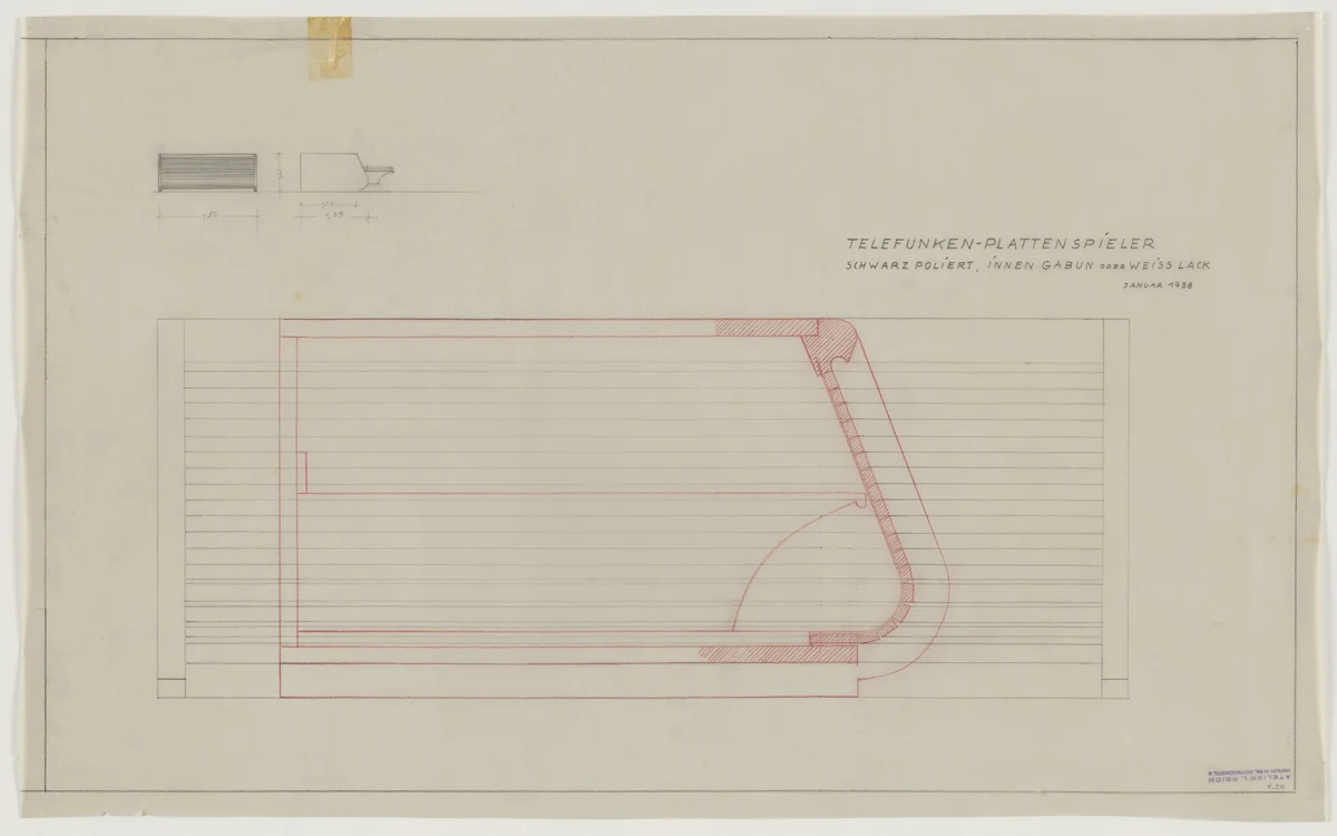 Design for Telefunken Record Player, Three elevations and section. by Lilly Reich, mies van der rohe archive, 1938