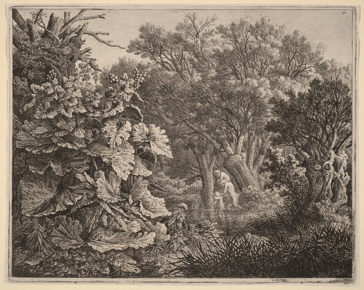 Landscape with Large Leaves and Three Satyrs by Carl Wilhelm Kolbe, print, 1800