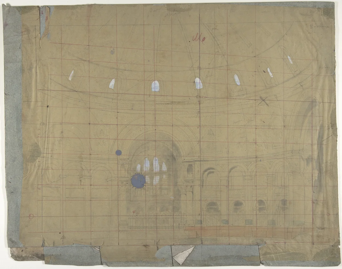 Design for a Stage Set at the Opéra, Paris: Church Interior by Eugène Cicéri, drawing, 1830-1890