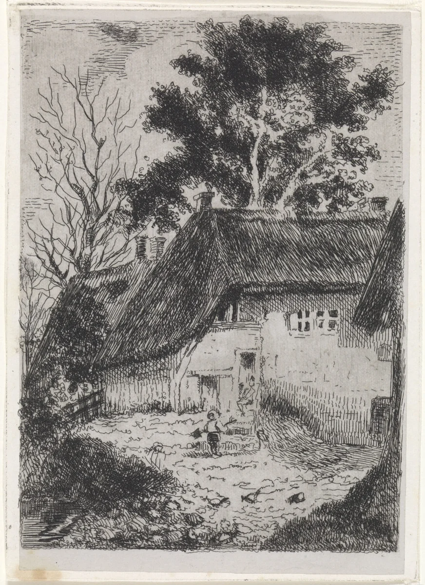 Kind met schop voor een boerderij by Arnoud Schaepkens, print, 1831-1904