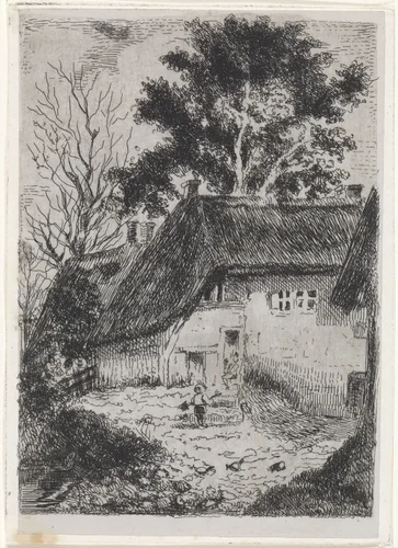 Kind met schop voor een boerderij by Arnoud Schaepkens, print, 1831-1904