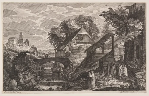 Farmhouses on the Right of a River, from Eight Scenes from Bohemia by Aegidius Sadeler II, print, 1610