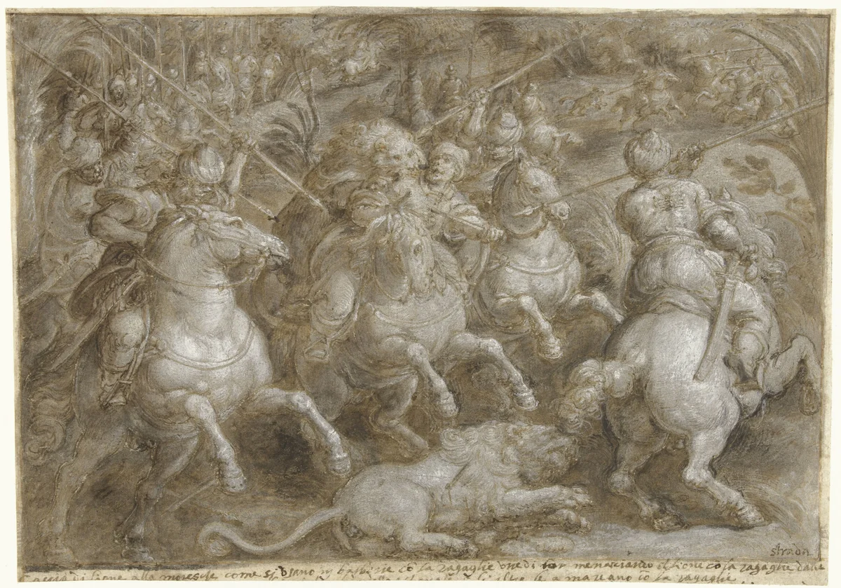 Jacht op Perzische leeuwen by Jan van der Straet, drawing, 1533-1578