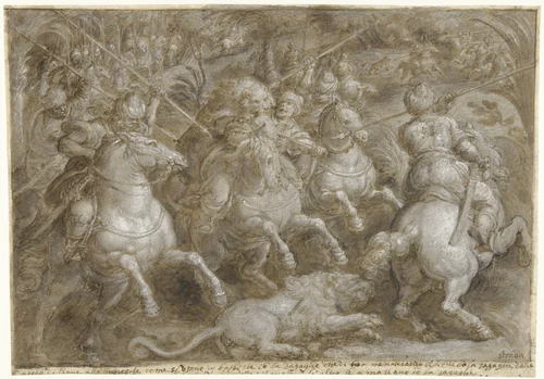 Jacht op Perzische leeuwen by Jan van der Straet, drawing, 1533-1578