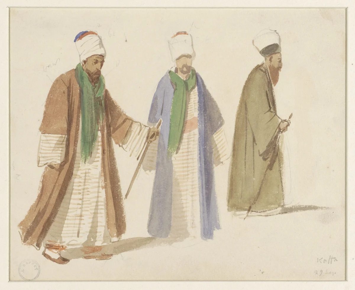 Kostuumstudies van drie derwisjen te Kaffa by Denis Auguste Marie Raffet, drawing, 1832-1842