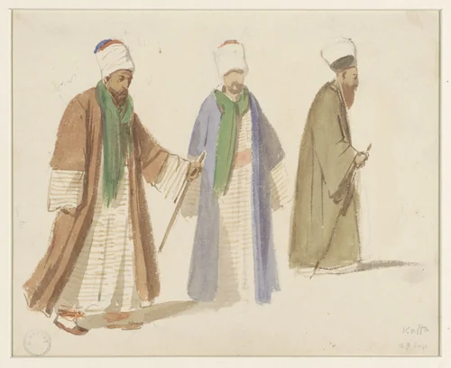 Kostuumstudies van drie derwisjen te Kaffa by Denis Auguste Marie Raffet, drawing, 1832-1842
