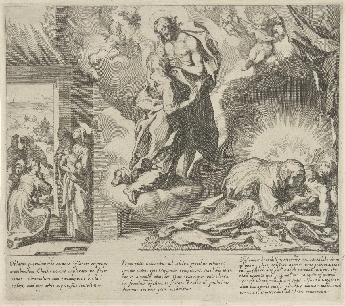 Catharina bidt voor genezing / Catharina kust de wonden van Christus / Catharina verzorgt een zieke by Pieter de Jode, print, 1597