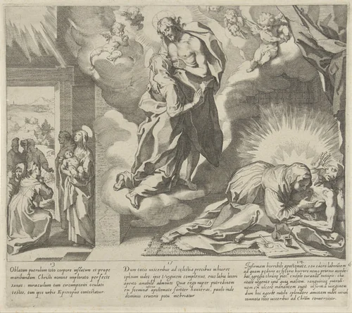 Catharina bidt voor genezing / Catharina kust de wonden van Christus / Catharina verzorgt een zieke by Pieter de Jode, print, 1597