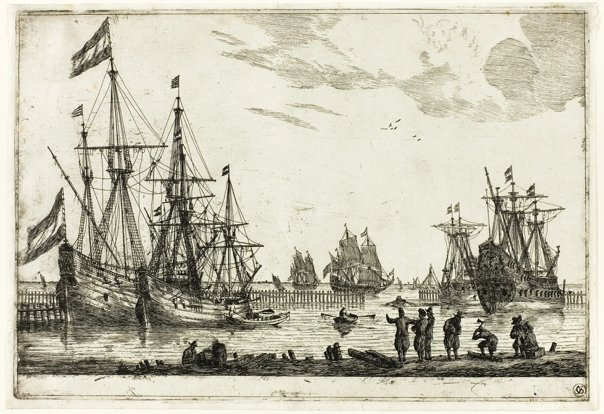 Four Sailing Vessels in a Breakwater, from Thirteen Naval Scenes by Reinier Nooms, print, 1650-1664