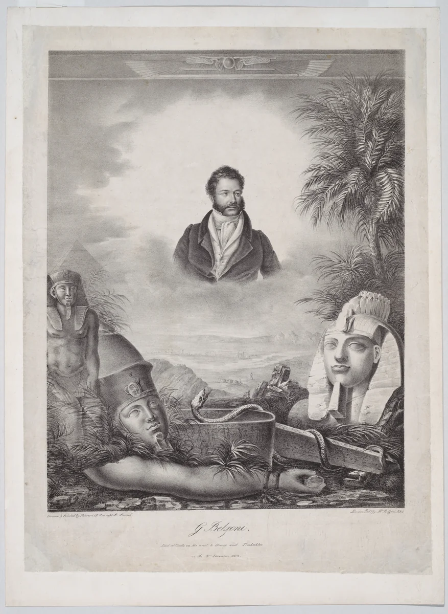 Portrait of Giovanni Baptista Belzoni, half-length, an Egyptian landscape below with pyramids and temples and statues including the head and arm of Amenhotep III by M. Fabroni, print, 1824