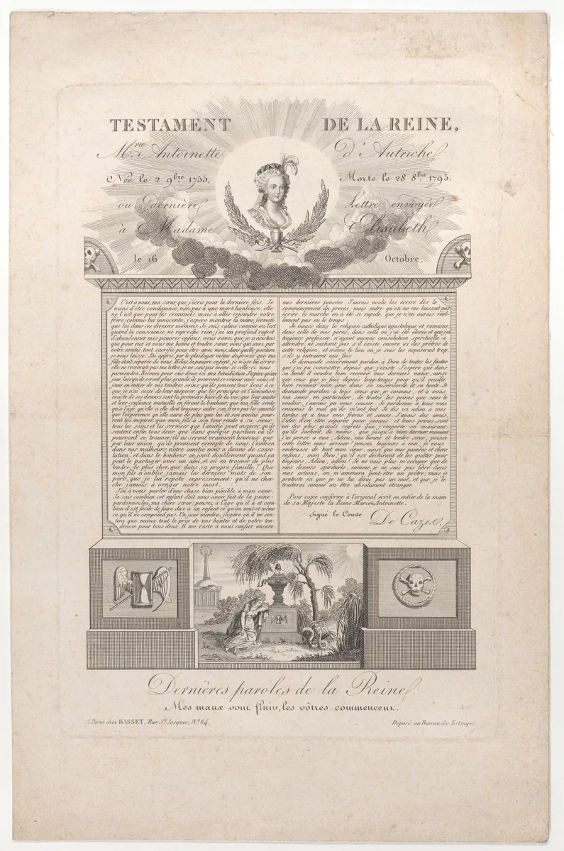 The testament and last words of Marie Antoinette by anonymous, print, 1793-1819