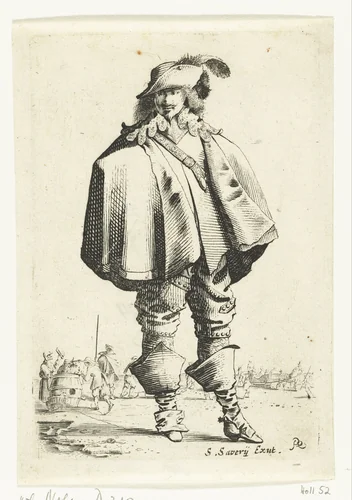 Staande cavalier met cape, op de achtergrond figuren op het ijs by Salomon Savery, print, 1633-1665