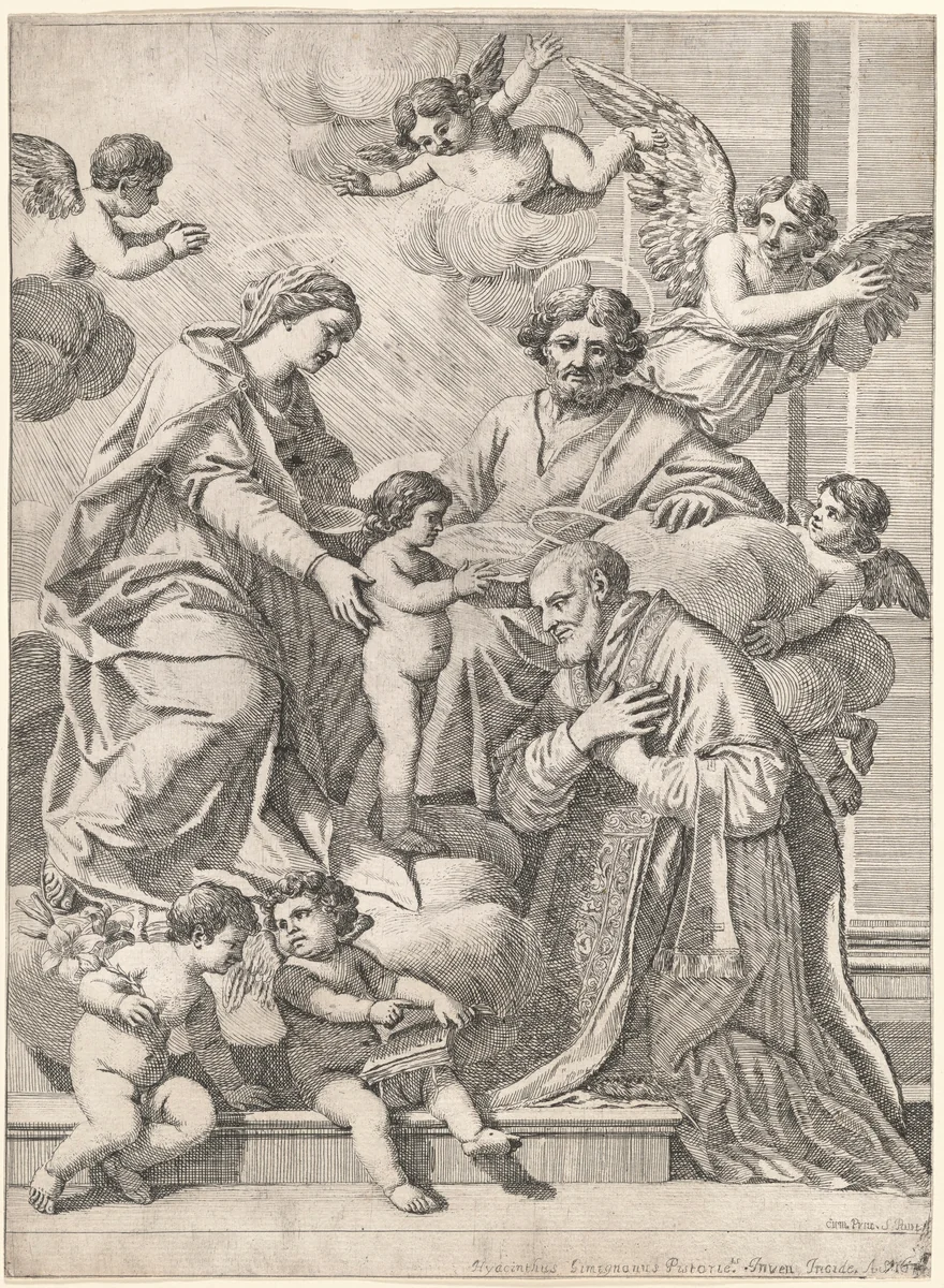 The Holy Family with Saint Philip Neri in Adoration, an Angel, and Putti by Giacinto Gimignani, print, 1649