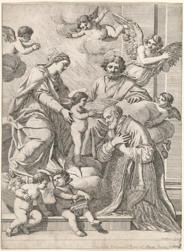 The Holy Family with Saint Philip Neri in Adoration, an Angel, and Putti by Giacinto Gimignani, print, 1649