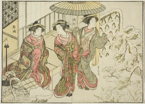 Courtesans of the Nakaomiya, from the book "Mirror of Beautiful Women of the Pleasure Quarters (Seiro bijin awase sugata kagami)," vol. 2 by Katsukawa Shunsho (勝川 春章), print, 1776