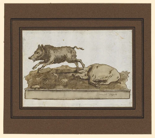 A Boar, Galloping to the Left, and a Sleeping Sow (on the Base) by Giovanni Domenico Tiepolo, drawing, 1736-1804