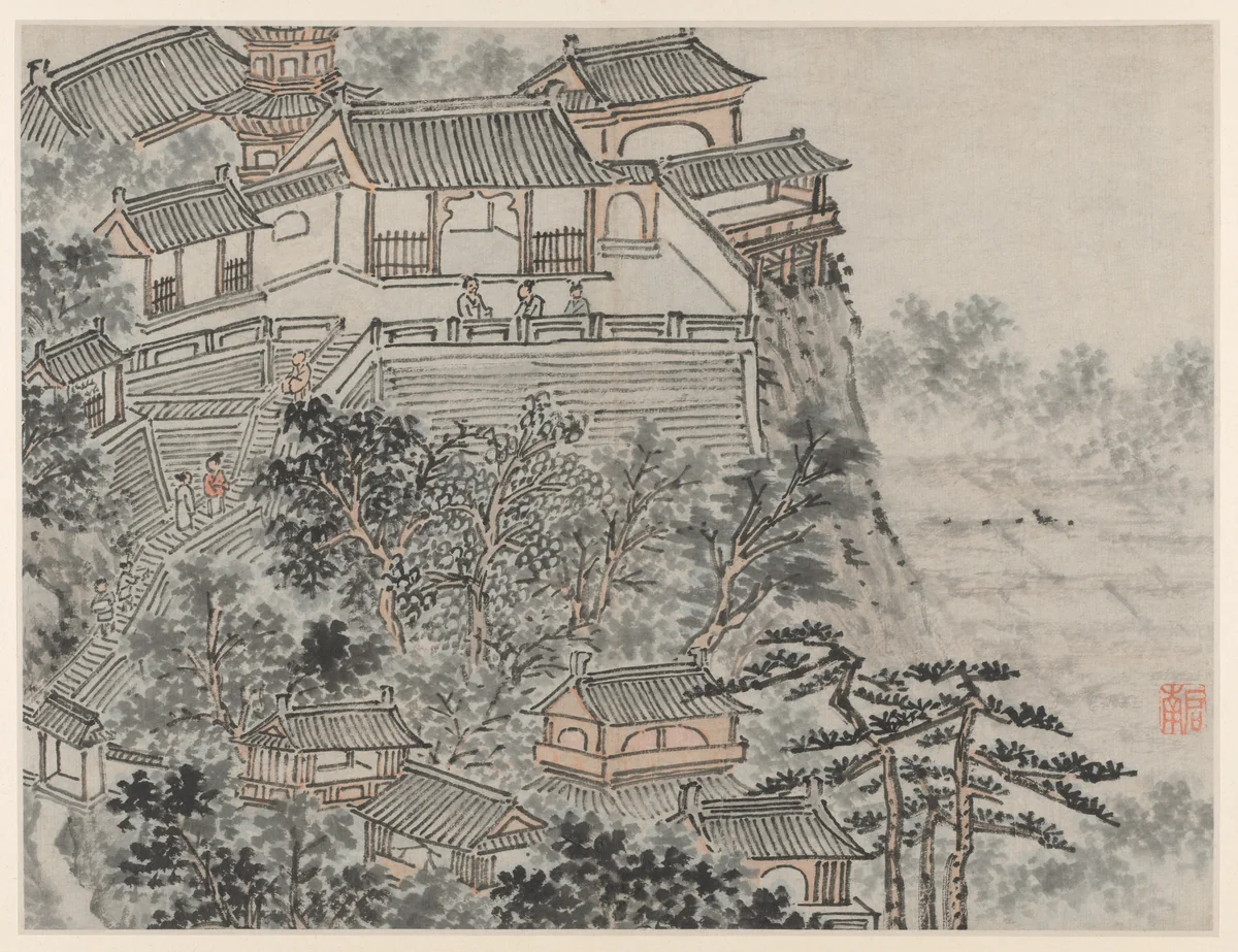 The Five Sages Terrace, from Twelve Views of Tiger Hill, Suzhou by Shen Zhou (沈周), painting, 1491-1509