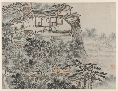 The Five Sages Terrace, from Twelve Views of Tiger Hill, Suzhou by Shen Zhou (沈周), painting, 1491-1509