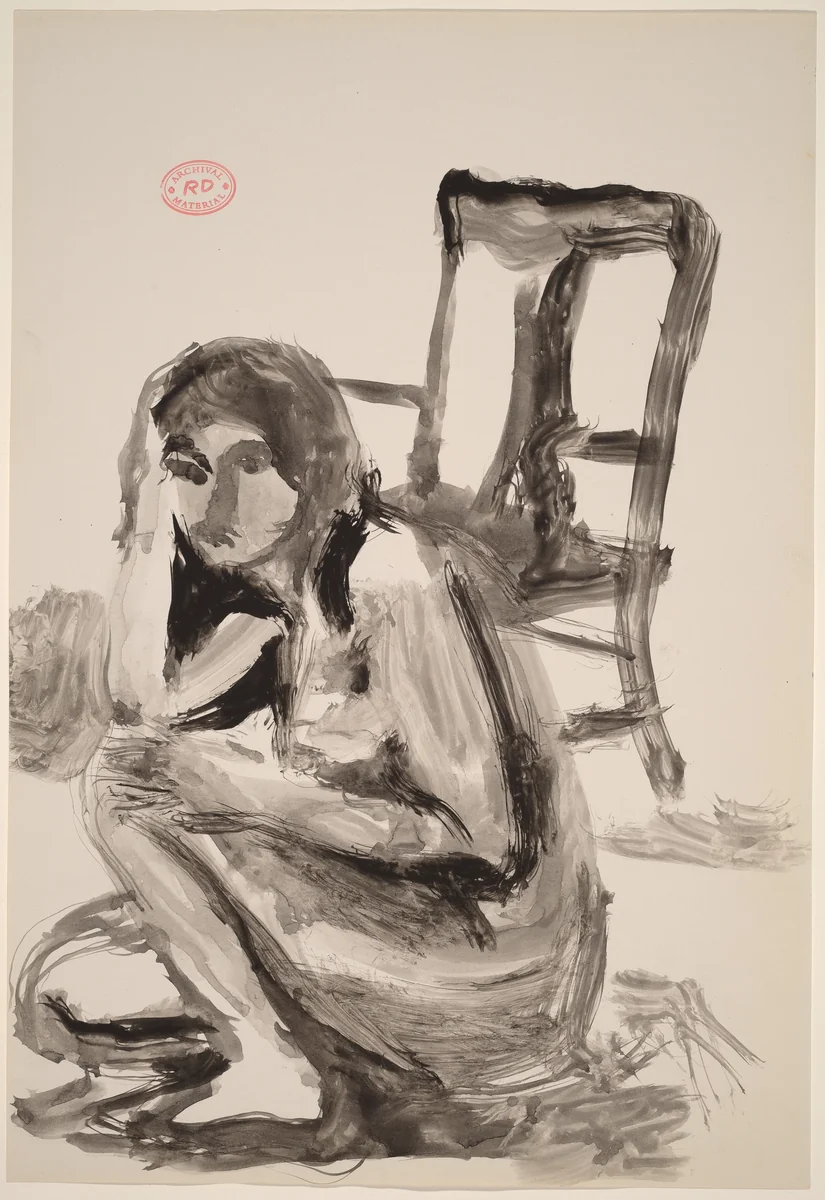 Untitled [female nude crouching in front of a chair] by Richard Diebenkorn, drawing, 1955-1967