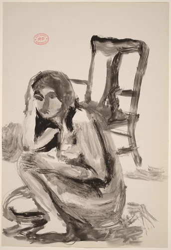 Untitled [female nude crouching in front of a chair] by Richard Diebenkorn, drawing, 1955-1967
