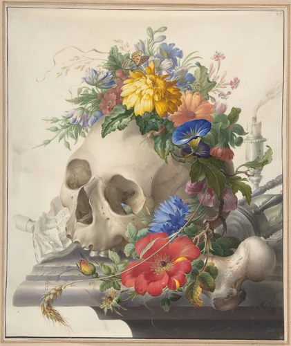 Vanitas Still Life by Herman Henstenburgh, drawing, 1675-1726