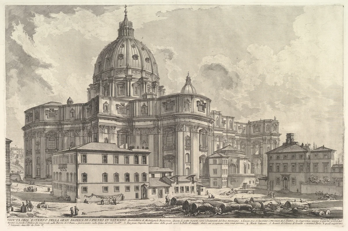 View of the exterior of St. Peter's Basilica in the Vatican, from Vedute di Roma (Roman Views) by Giovanni Battista Piranesi, print, 1743-1753