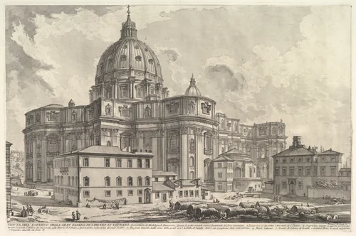 View of the exterior of St. Peter's Basilica in the Vatican, from Vedute di Roma (Roman Views) by Giovanni Battista Piranesi, print, 1743-1753