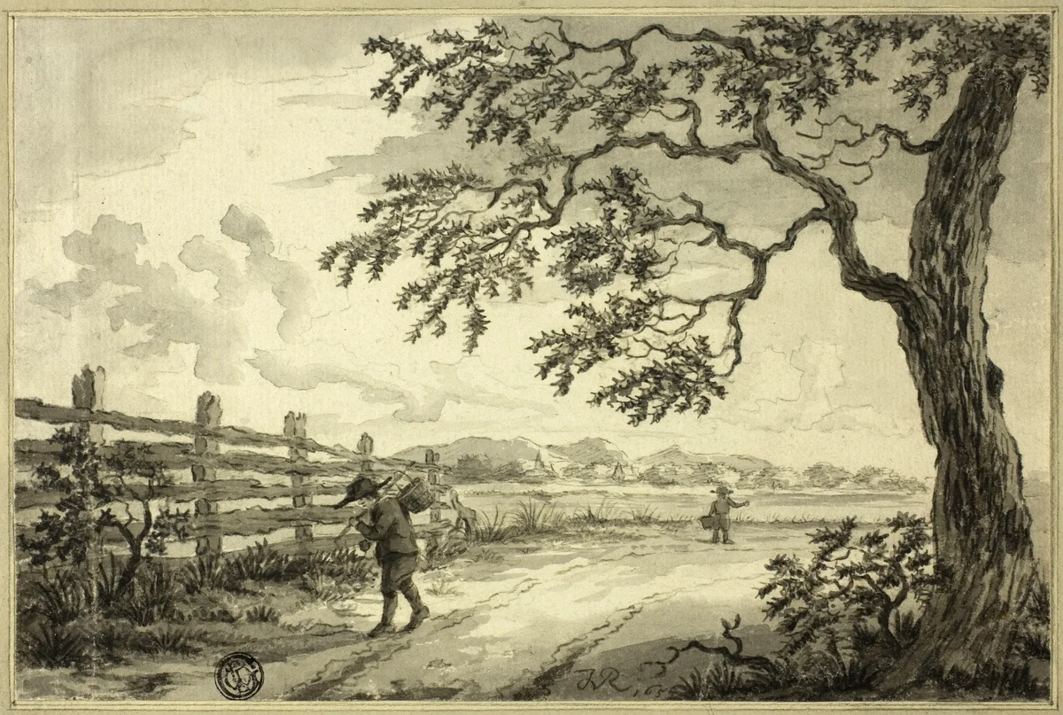 Figures with Baskets on Road by Jacob van Ruisdael, drawing, 1648-1682