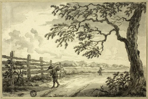 Figures with Baskets on Road by Jacob van Ruisdael, drawing, 1648-1682