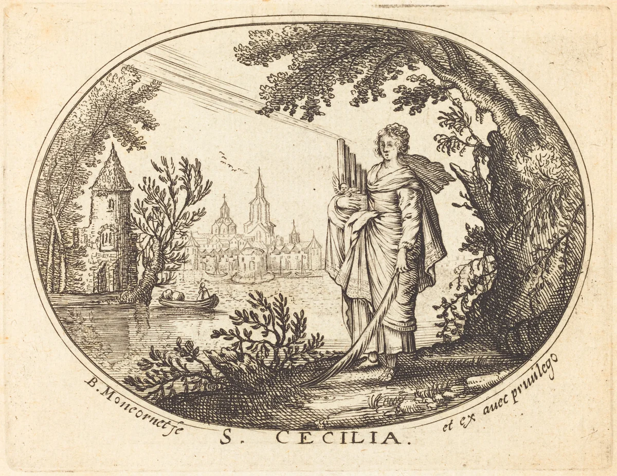 Saint Cecilia in a Landscape by Balthasar Moncornet, print, 1600-1668