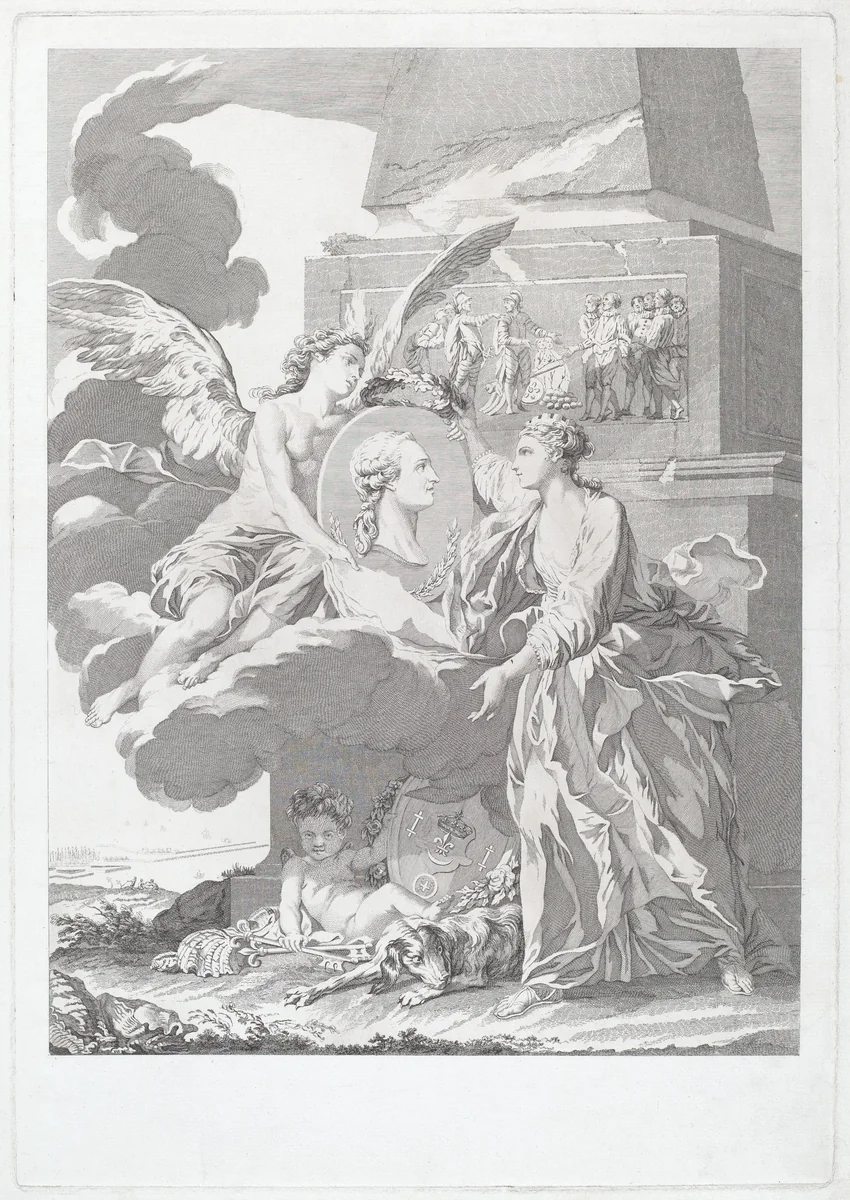 Allegorical Portrait of Pierre Buirette de Belloy by Louis-Simon Lempereur; Nicolas-René Jollain, print, 1748