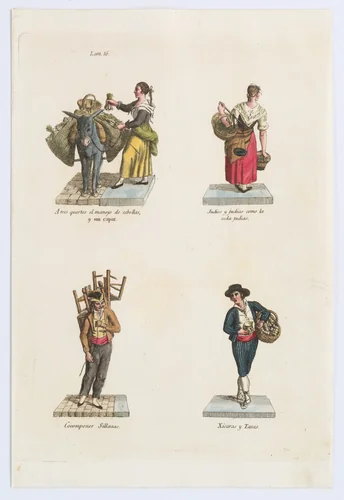 Plate 16: four street vendors from Madrid selling onions, beans, chairs, and crockery, from 'Los Gritos de Madrid' (The Cries of Madrid) by Miguel Gamborino, print, 1809-1817