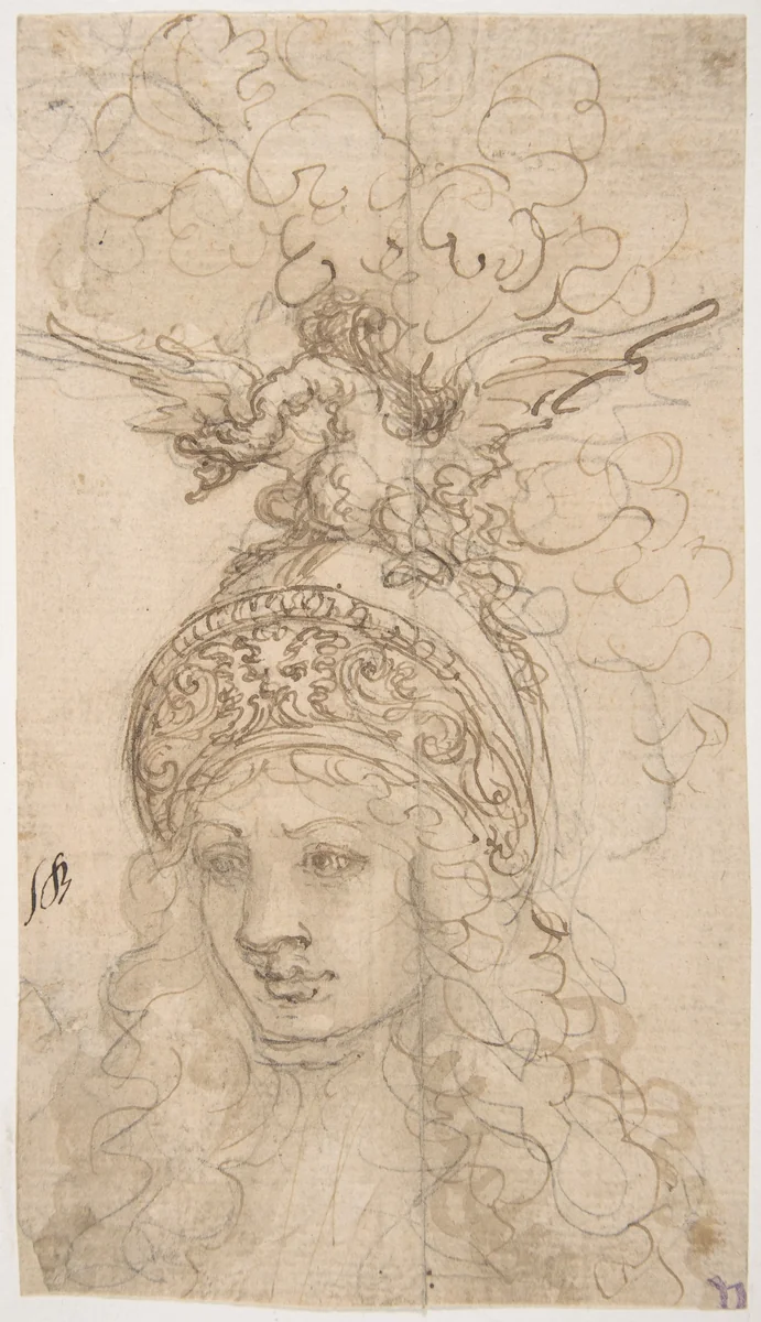 Design for a Helmet with a Dragon Presented in Frontal View by Giovanni Battista Foggini, drawing, 1652-1725