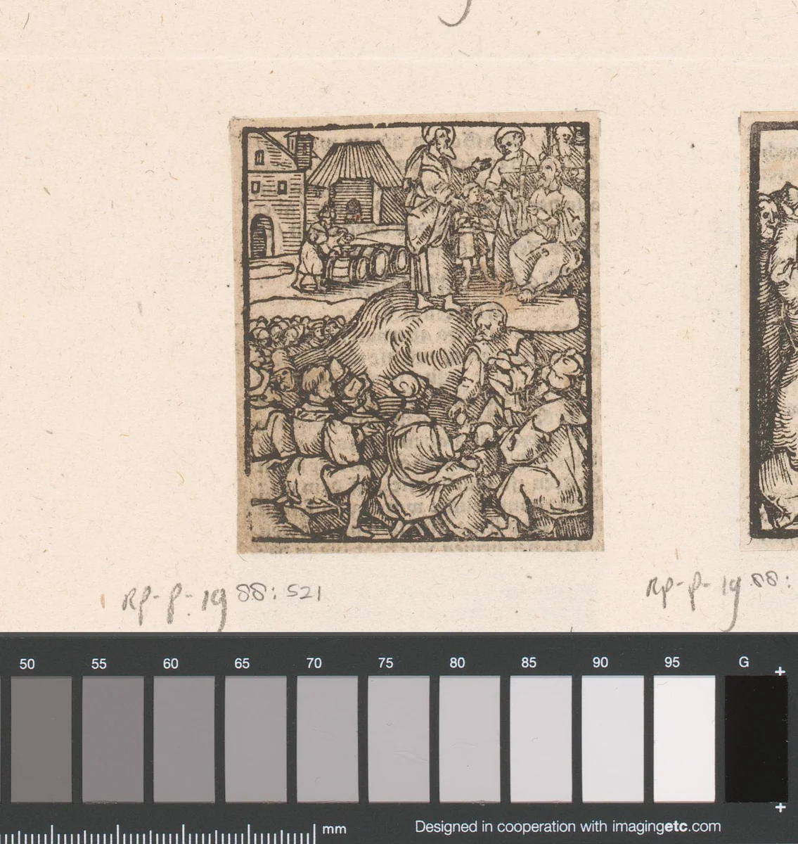 Christus zegent het brood en de vis gebracht door een jongen by anonymous, print, 1536