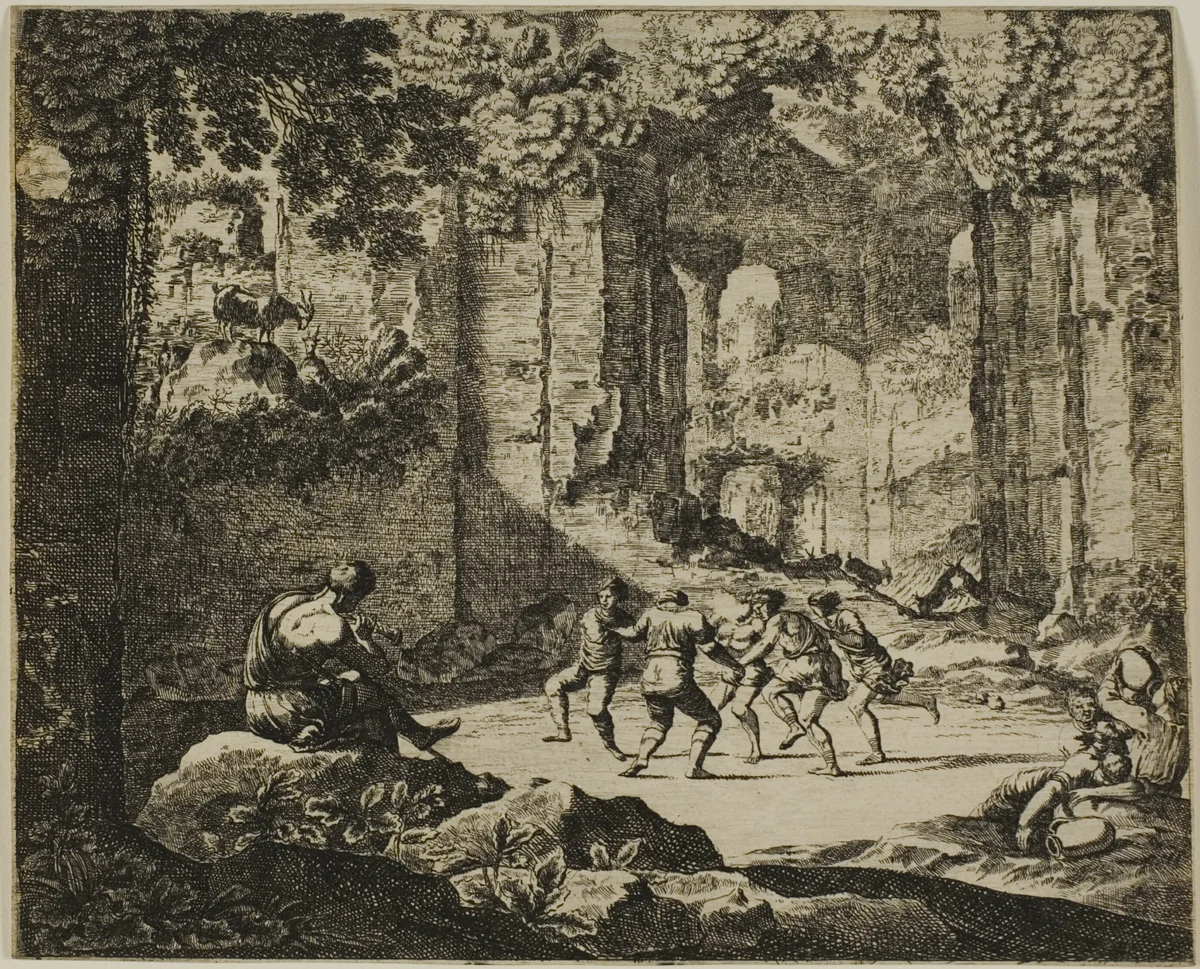 Dance of Shepherds in Antique Ruins by Jean Le Pautre, print, 1638-1682