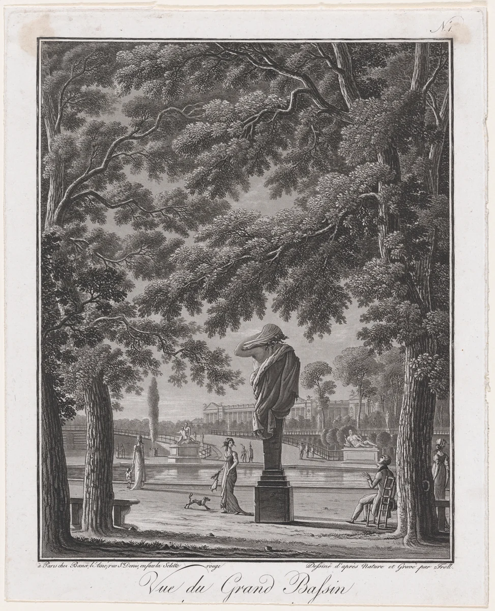 View of the Grand Basin of the Tuileries (behind the statue of Autumn) by Johann Heinrich Troll, print, 1798-1808