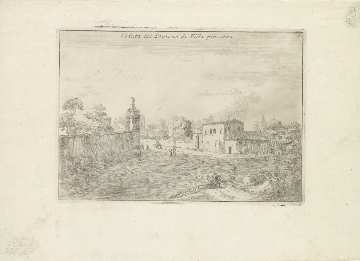 Landschap met de poort van de Villa Pinciana by Paolo Anesi, print, 1725