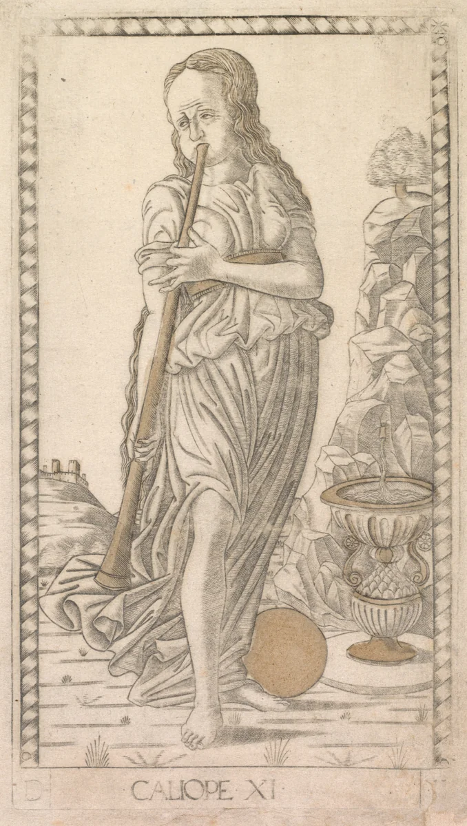 Calliope (from the Tarocchi series D: Apollo and the Muses, #11) by Master of the E-Series Tarocchi, print, 1457-1467