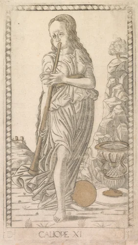 Calliope (from the Tarocchi series D: Apollo and the Muses, #11) by Master of the E-Series Tarocchi, print, 1457-1467