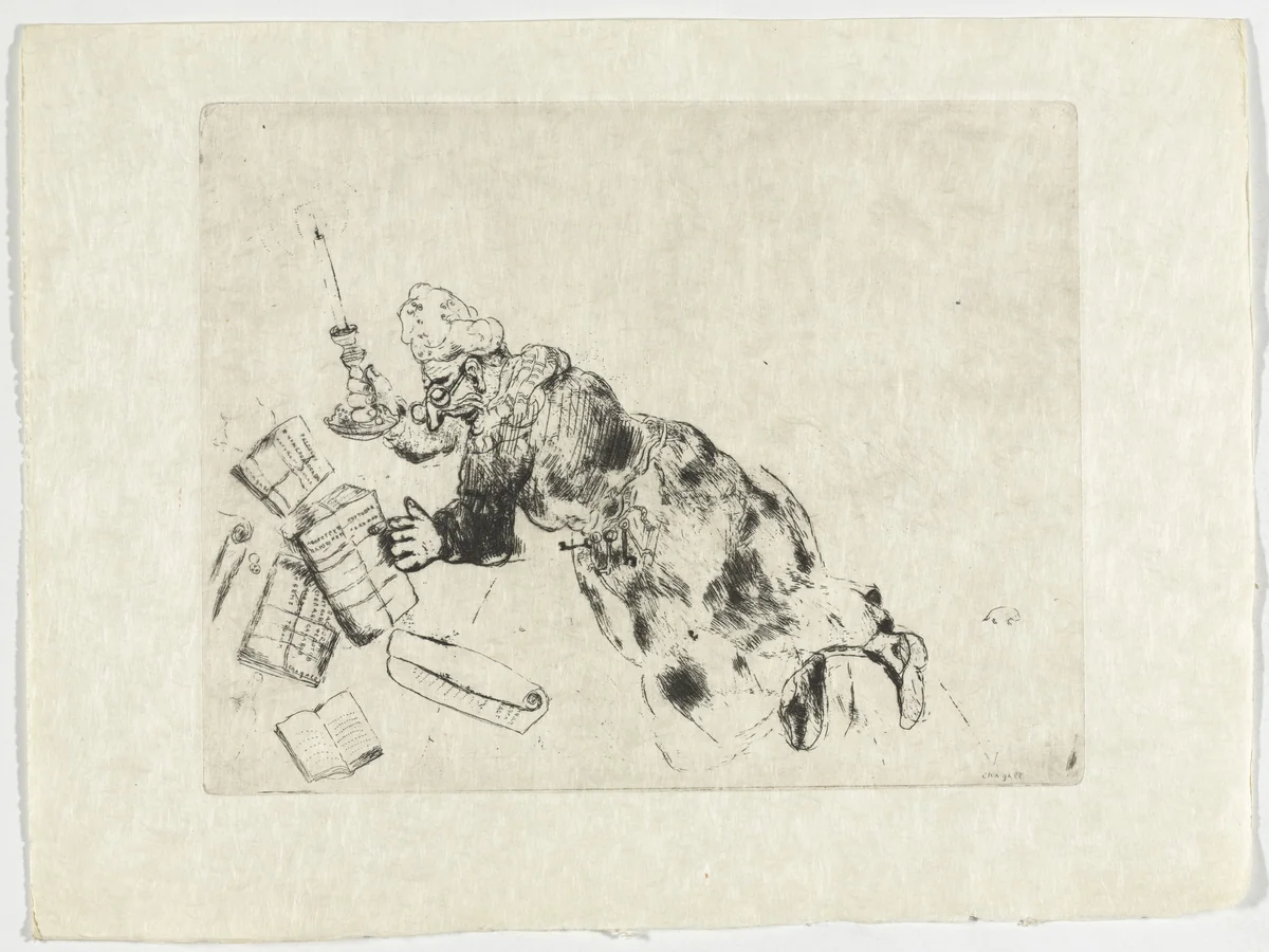 Pliouchkine Searching for His Papers (Pliouchkine à la recherche de ses papiers), plate XLV (supplementary suite) from Les Âmes mortes by Marc Chagall, illustrated book, 1923