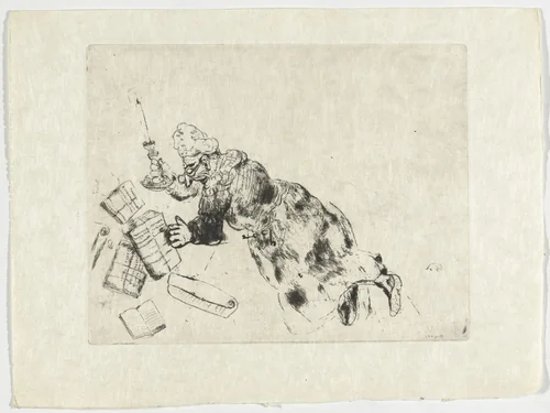 Pliouchkine Searching for His Papers (Pliouchkine à la recherche de ses papiers), plate XLV (supplementary suite) from Les Âmes mortes by Marc Chagall, illustrated book, 1923