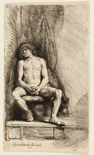 Nude Man Seated before a Curtain by Rembrandt van Rijn, print, 1646