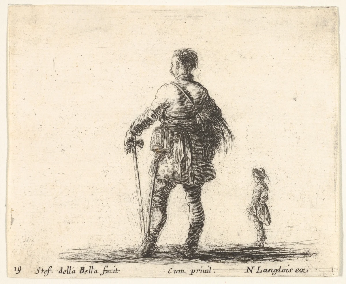 Plate 19: a Polish nobleman in court dress, standing in center, seen from behind, another nobleman to right in background, from "Diversi Capricci" by Stefano della Bella, print, 1639-1649