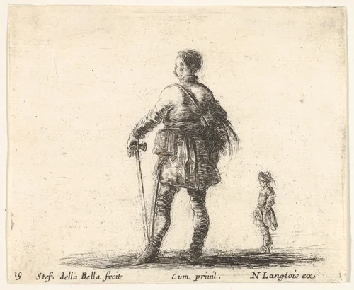 Plate 19: a Polish nobleman in court dress, standing in center, seen from behind, another nobleman to right in background, from "Diversi Capricci" by Stefano della Bella, print, 1639-1649