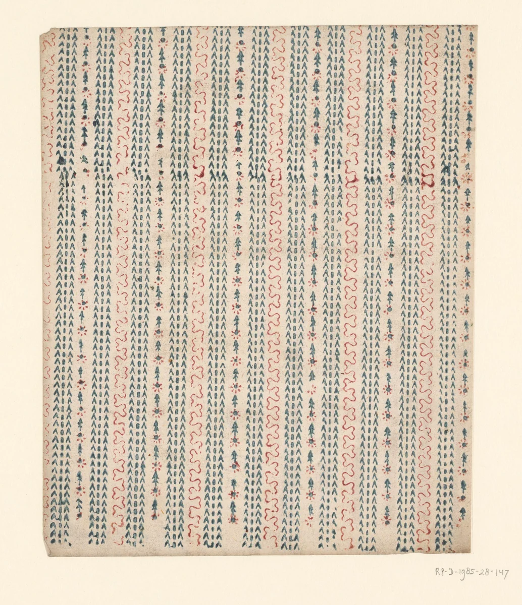 Blad met banenpatroon van pijltjesmotief met streepje en pijltesmotief met bloem tussen kronkelende lijnen by anonymous, other, 1750-1900
