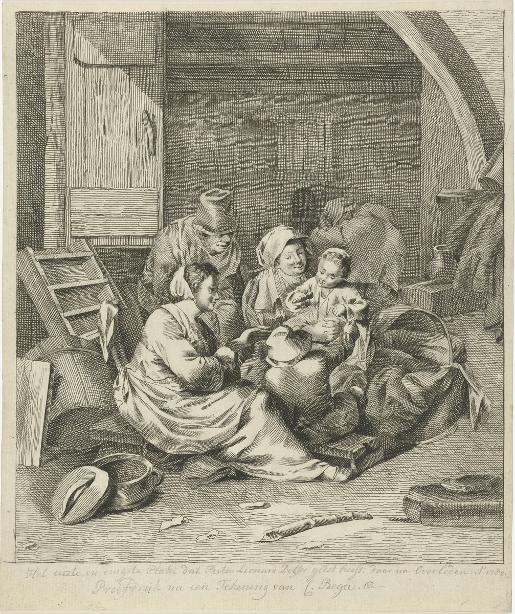 Interieur met boerengezin by Pieter Leonard Delfos, print, 1776-1782