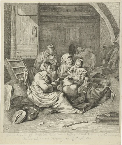 Interieur met boerengezin by Pieter Leonard Delfos, print, 1776-1782
