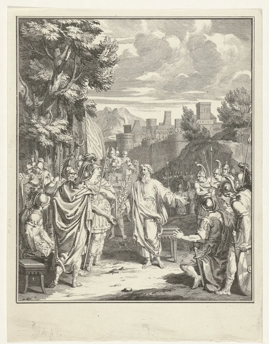 Mentor biedt Idomeneus een olijftak aan by Jacob Folkema, print, 1703-1767