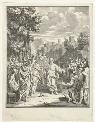 Mentor biedt Idomeneus een olijftak aan by Jacob Folkema, print, 1703-1767
